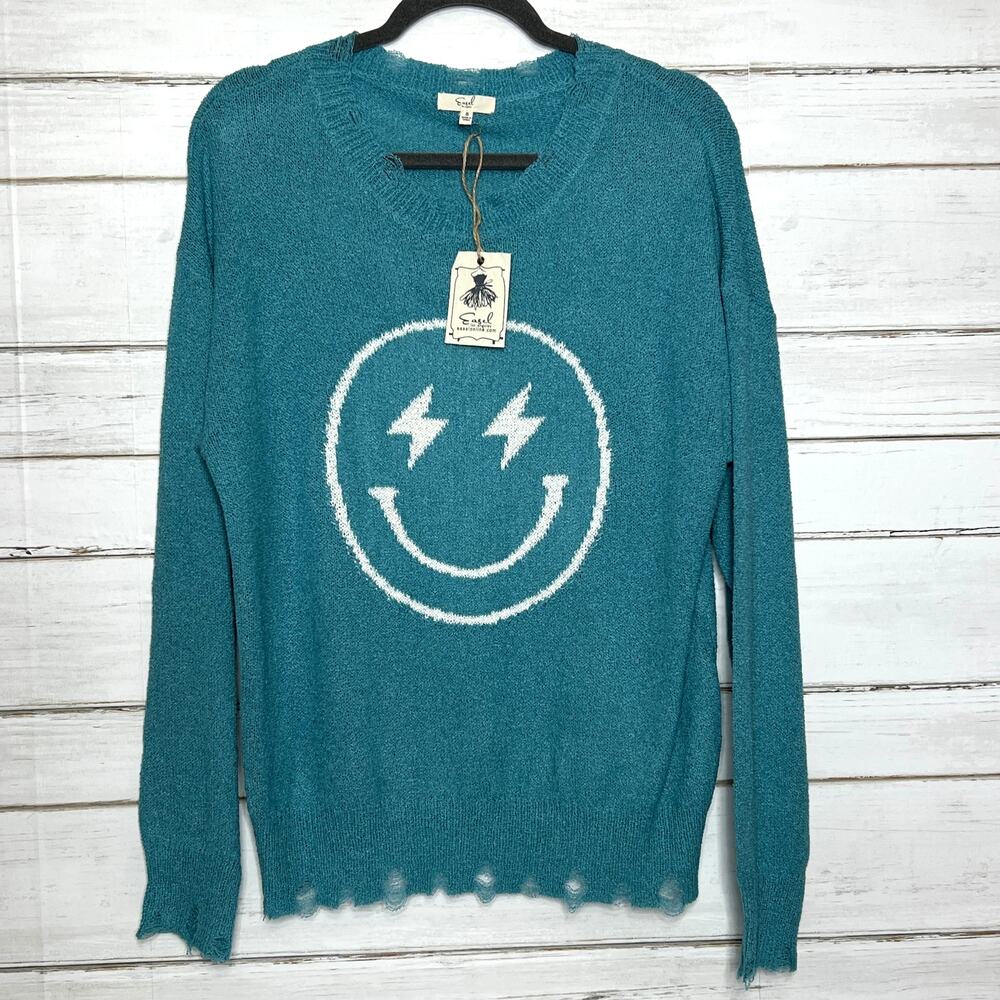 Easel Smiley Lightning Bolt Blue Sweater Women’s Small Lightweight Knit